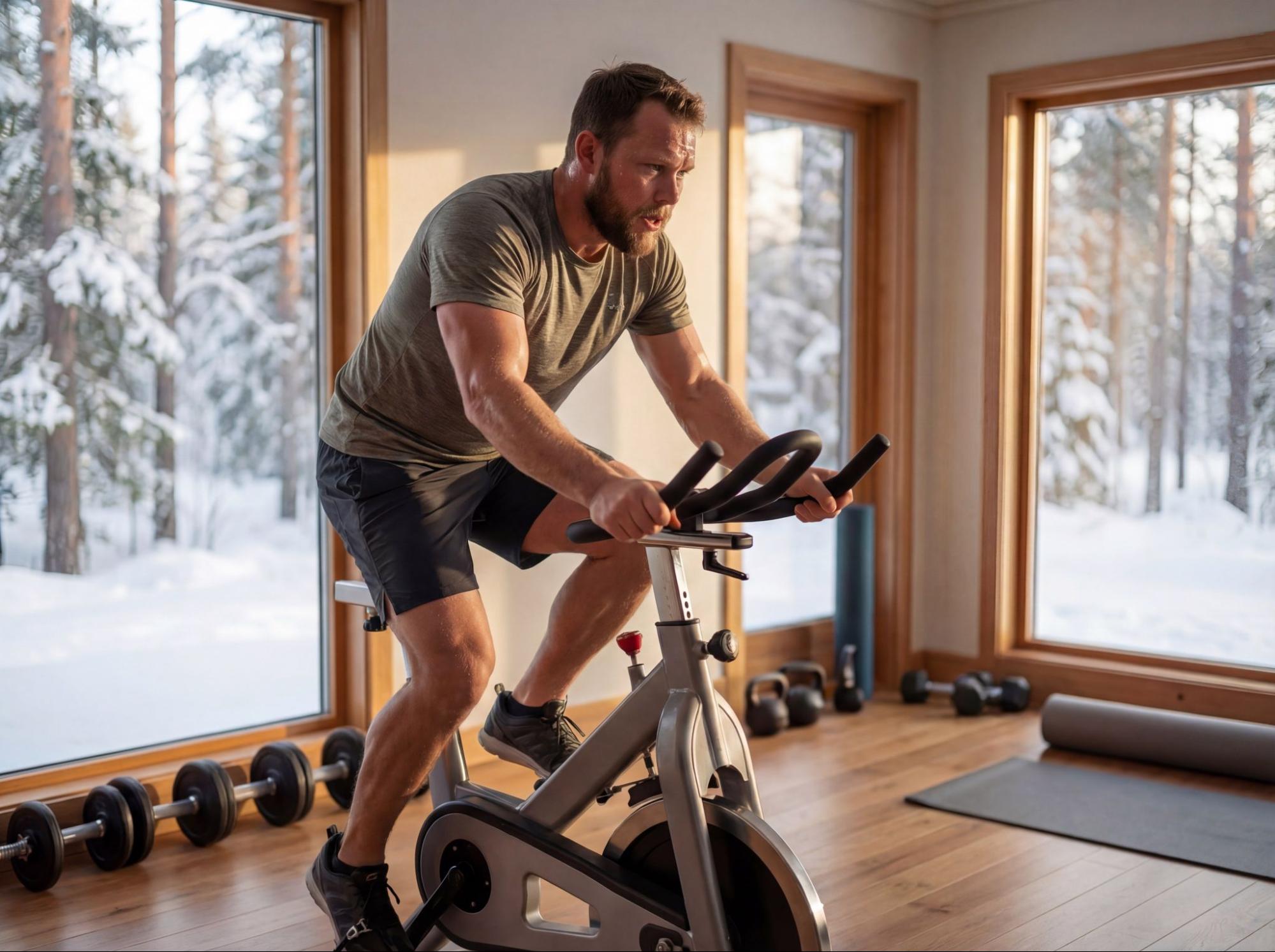Мужчина с бородой в футболке цвета хаки тренируется на велотренажёре в домашнем спортзале. За большими окнами виден заснеженный хвойный лес, на полу — гантели и коврик для йоги Мужчина с бородой в футболке цвета хаки тренируется на велотренажёре в домашнем спортзале. За большими окнами виден заснеженный хвойный лес, на полу — гантели и коврик для йоги