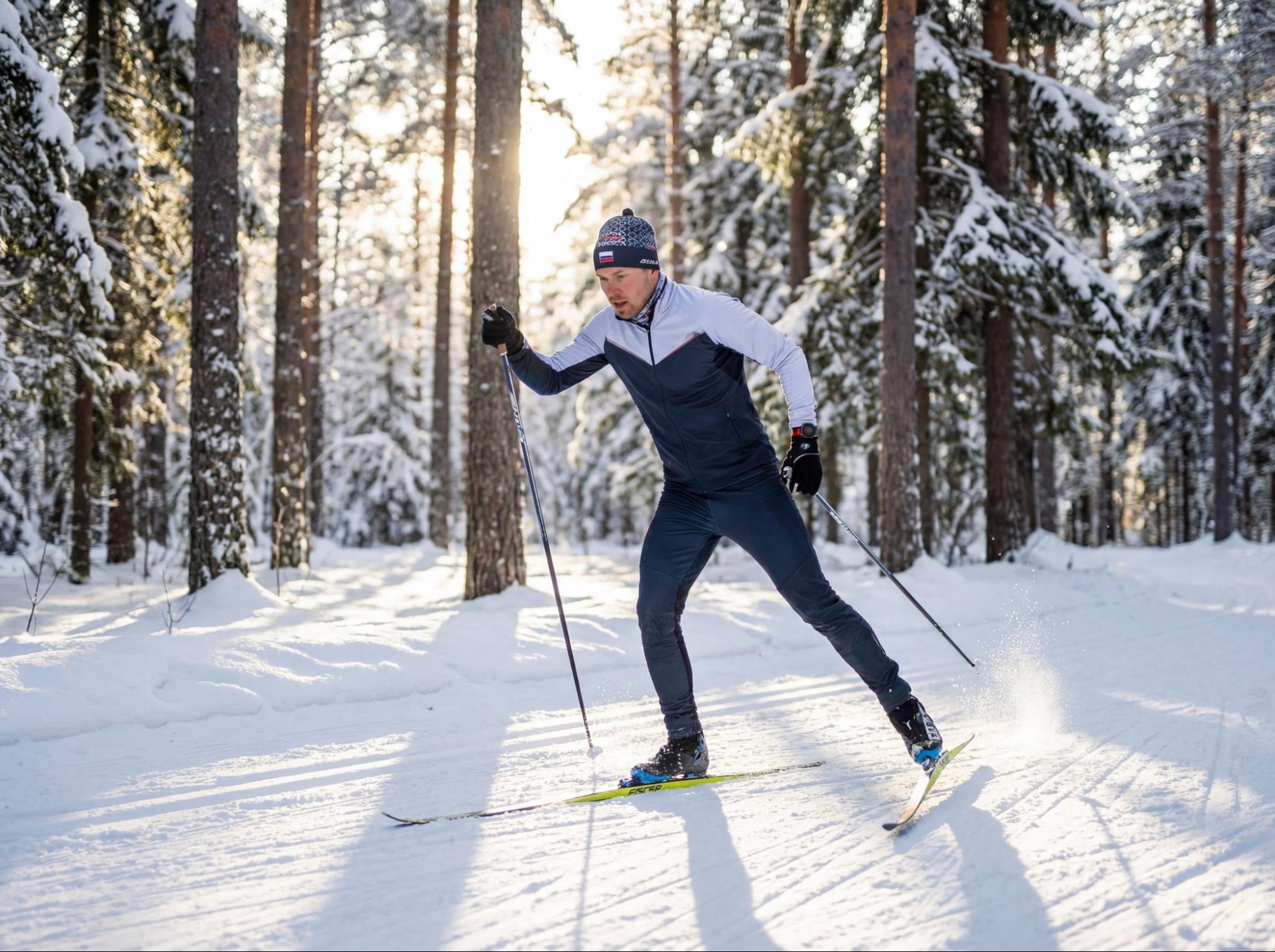 Мужчина в сине-белом спортивном костюме и шапке катается на беговых лыжах коньковым ходом по заснеженной лесной трассе. Сквозь деревья пробивается солнечный свет Мужчина в сине-белом спортивном костюме и шапке катается на беговых лыжах коньковым ходом по заснеженной лесной трассе. Сквозь деревья пробивается солнечный свет