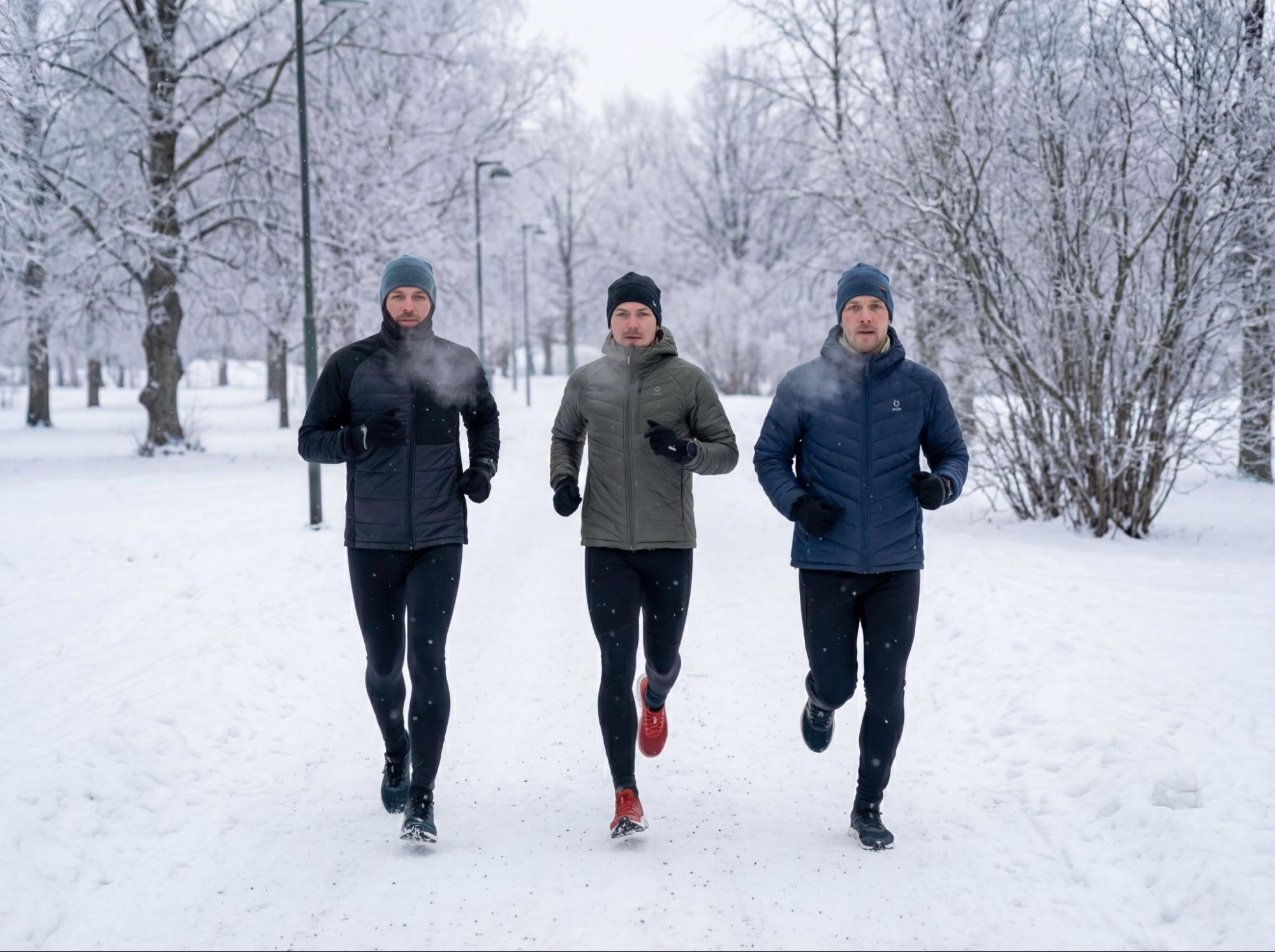 Трое мужчин в тёплых спортивных куртках и шапках бегут вместе по заснеженной аллее парка. Изо рта виден пар от дыхания на морозе, вокруг — покрытые инеем деревья Трое мужчин в тёплых спортивных куртках и шапках бегут вместе по заснеженной аллее парка. Изо рта виден пар от дыхания на морозе, вокруг — покрытые инеем деревья