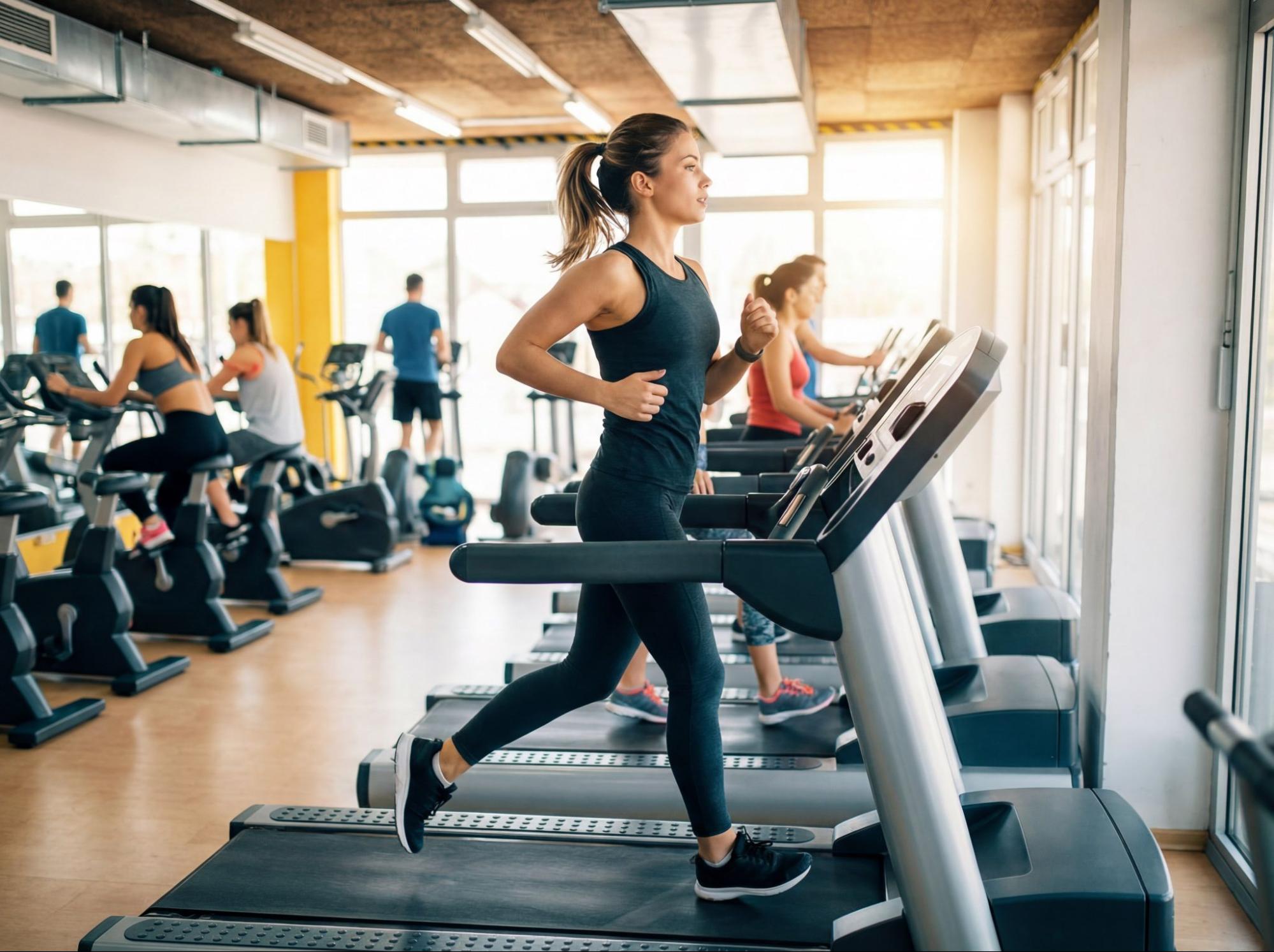 Женщина в чёрной спортивной форме бежит на беговой дорожке в просторном фитнес-зале. На заднем плане другие посетители занимаются на кардиотренажёрах, через большие окна проникает дневной свет Женщина в чёрной спортивной форме бежит на беговой дорожке в просторном фитнес-зале. На заднем плане другие посетители занимаются на кардиотренажёрах, через большие окна проникает дневной свет