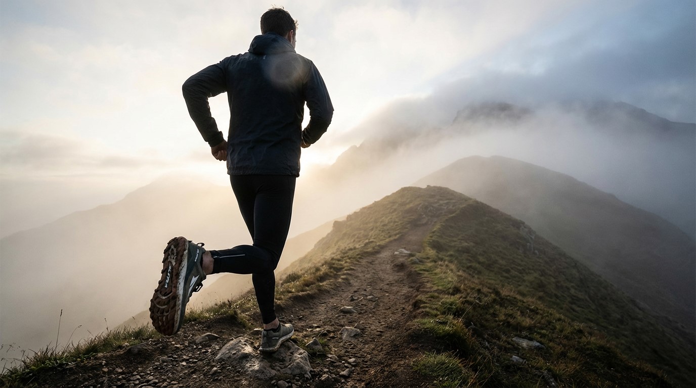 Бегун поднимается в гору на рассвете Бегун поднимается в гору на рассвете