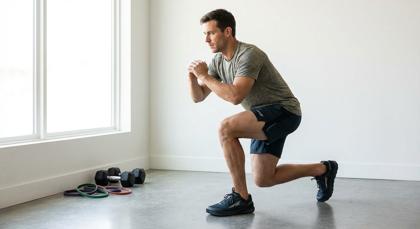 Мужчина выполняет выпад в помещении Мужчина выполняет выпад в помещении