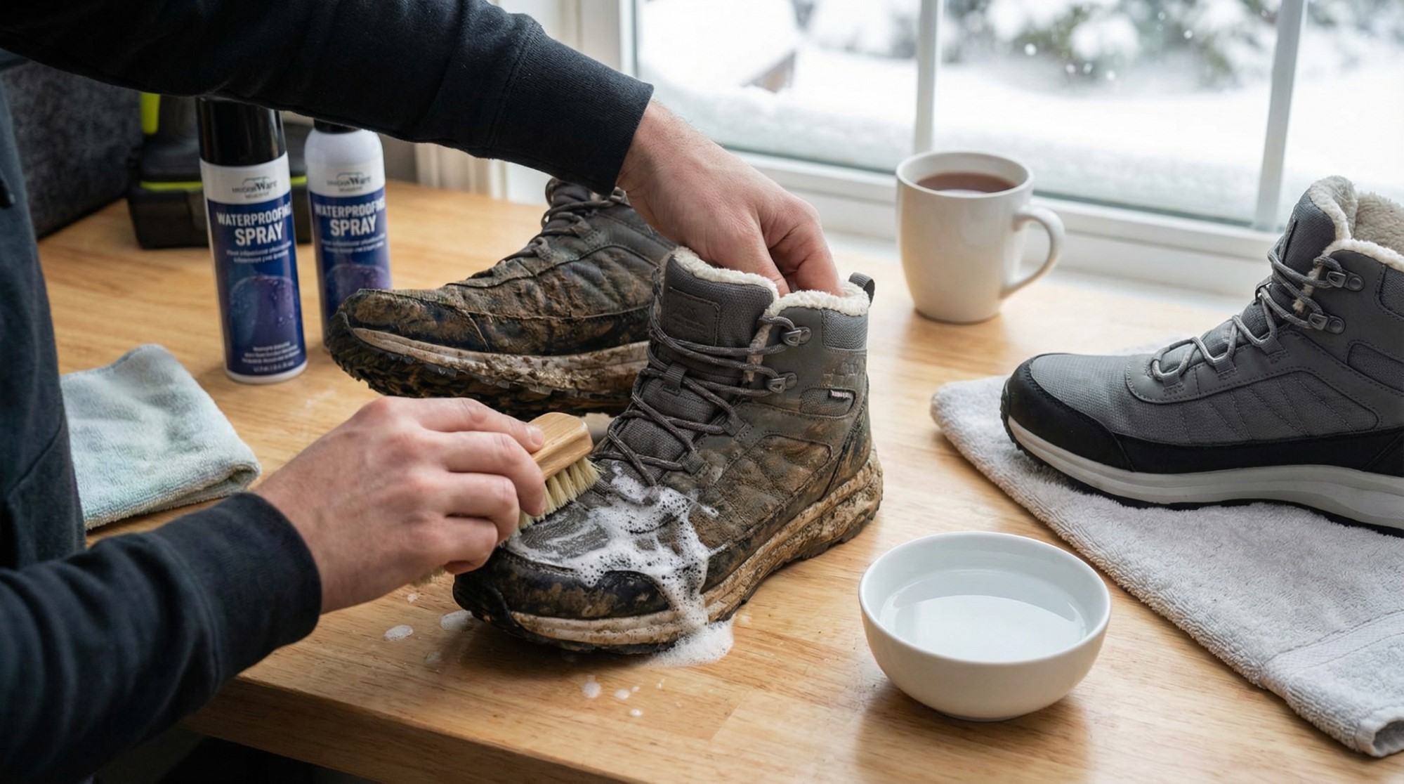 Чистка зимних кроссовок щеткой Чистка зимних кроссовок щеткой