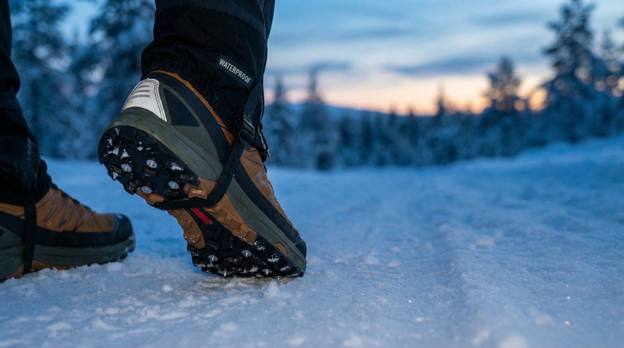 Мужчина идет в зимних кроссовках с шипами Мужчина идет в зимних кроссовках с шипами