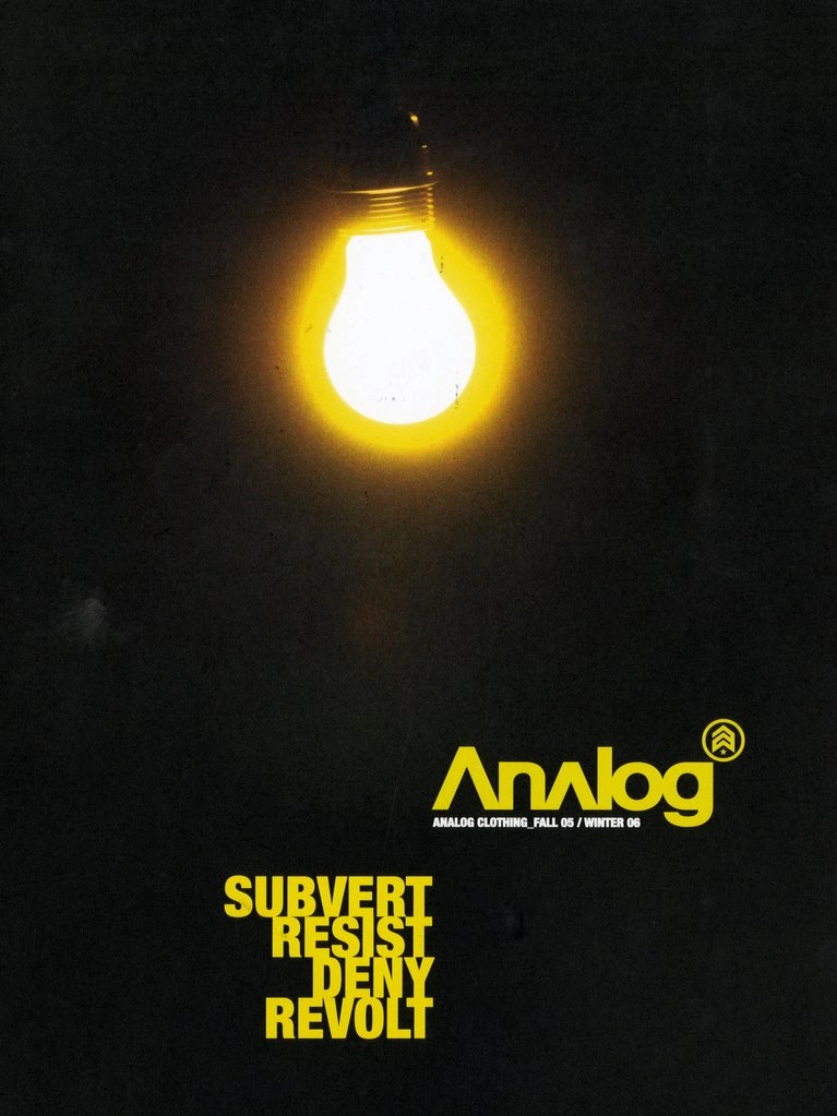 Обложка каталога Analog с горящей лампочкой и словами subvert, resist, deny, revolt