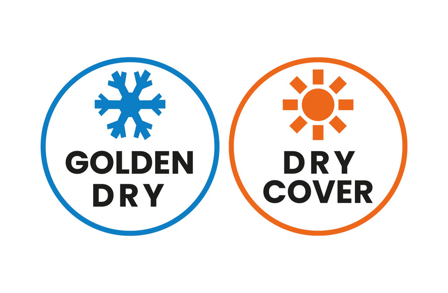 Графичекие обозначения технологий DRY COVER и GOLDEN DRY компании Beal.