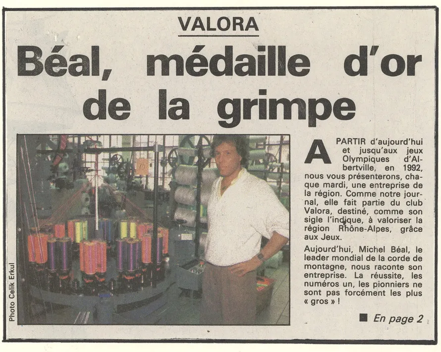 Статья в газете 1986 года о том, что компания BEAL стала мировым лидером в производстве горных и альпинистских верёвок.