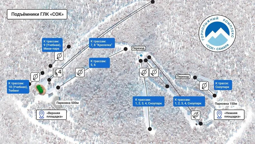 Схема расположения подъемников на Горнолыжном комплексе «СОК» (Красная Глинка).