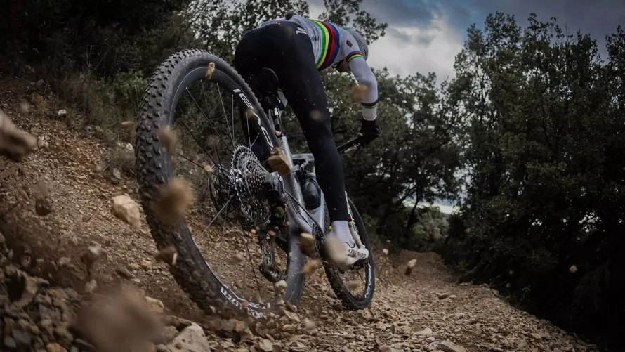 Велосипедист поднимается в гору по проселочной дороге на велосипеде с колесами Roval