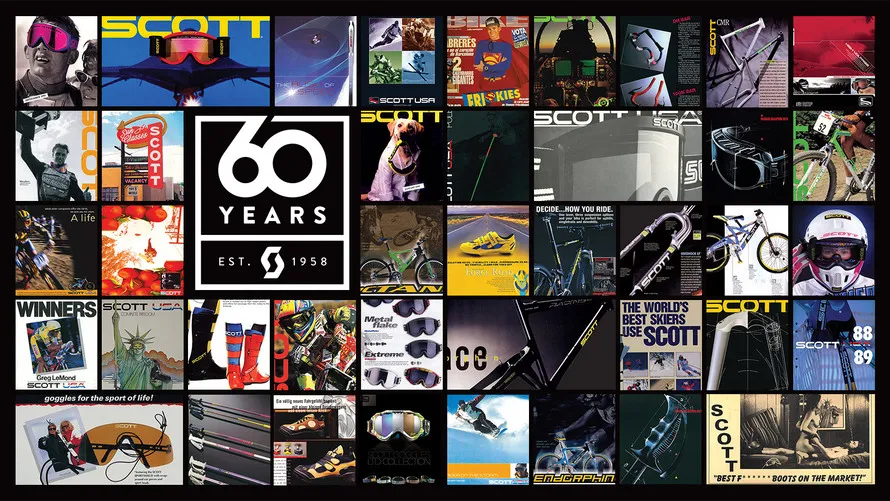 Баннер-коллаж из исторических фотографий и статей, посвященный 60-летию компании SCOTT.