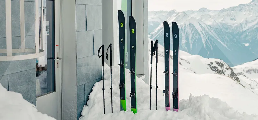 Лыжи производства компании SCOTT, воткнутые в сугроб у входа в здание.